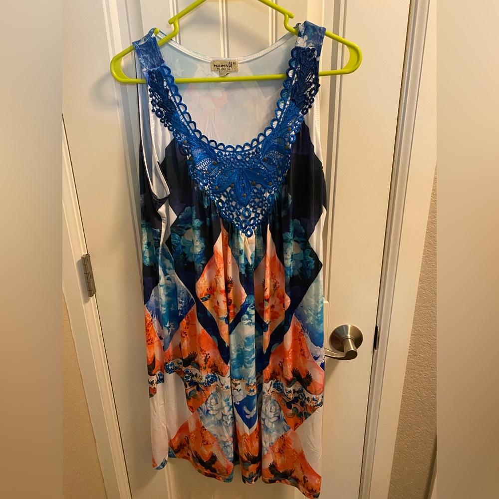 One World XL Dress Colorful Sublimation Lace Trim Tank Sleeve Stretch X Large